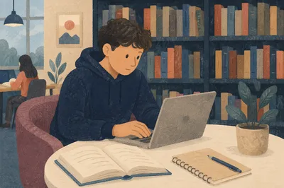 College Student Studying in Quiet Library