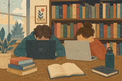 College Students Studying Together in Library