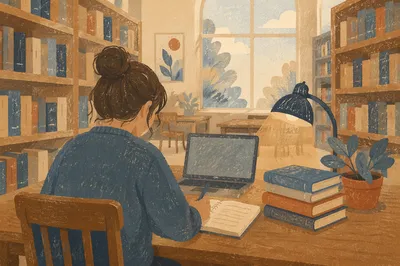 College Student Studying in Quiet Library
