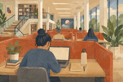 College Student Studying in Modern Library