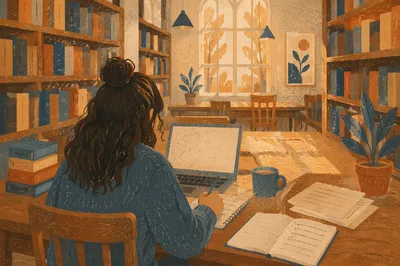Focused College Student in Quiet Library