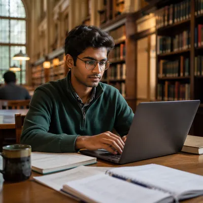 Focused College Student Studying in Library
