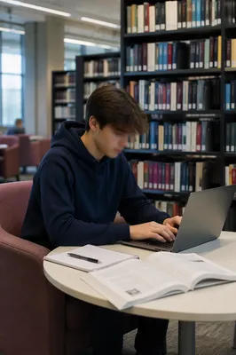 College Student Studying in Quiet Library