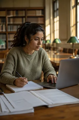 College Student Studying in Quiet Library