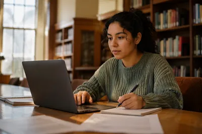Focused College Student Studying in Library