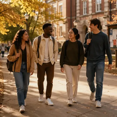 College Students Walking Across Campus Quad