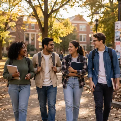 College Students Walking Across Autumn Campus