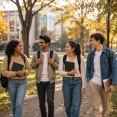 College Students Walking Across Campus Quad