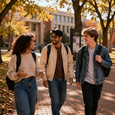 Three Students Walking Across Campus Quad