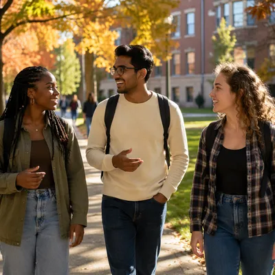 College Students Walking Across Autumn Campus