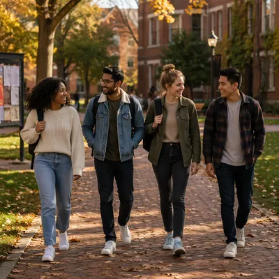 College Students Walking Across Autumn Campus