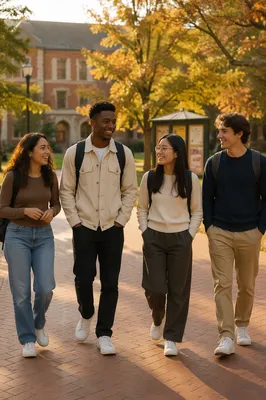 College Students Walking Across Autumn Campus