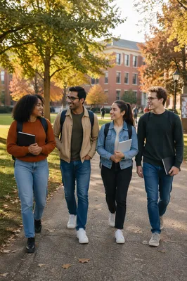 College Students Walking Across Autumn Campus