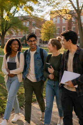 Four College Students Walking Across Campus