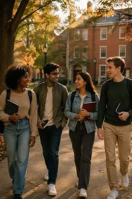 Four College Students Walking on Campus