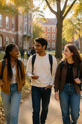 College Students Walking Across Autumn Campus