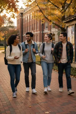 College Students Walking Across Autumn Campus