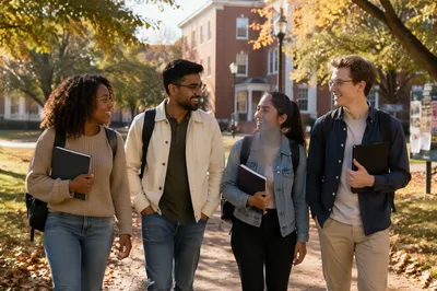 College Students Walking Across Autumn Campus