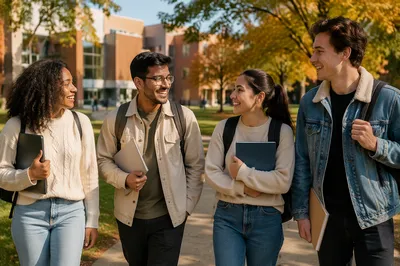 College Students Walking Across Autumn Campus Quad