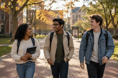 College Students Walking Across Autumn Campus
