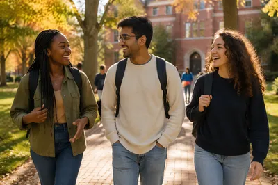 College Students Walking Across Autumn Campus