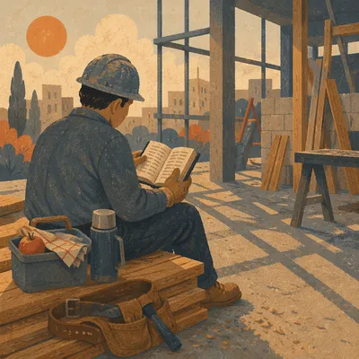 Construction Worker Reading Bible at Break