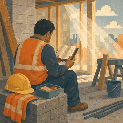 Construction Worker Reading Bible at Lunch