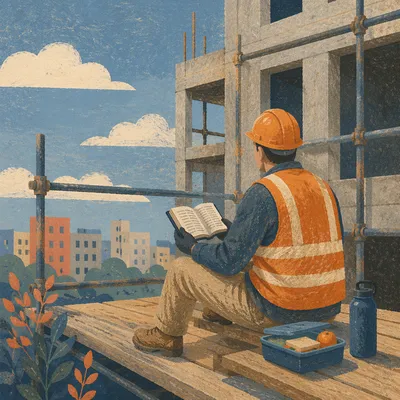 Construction Worker Reading Bible on Break