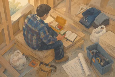 Construction Worker Reading Bible at Lunch