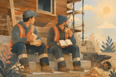 Construction Workers Reading Bible on Lunch Break