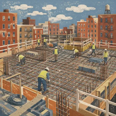 Construction Workers Preparing Urban Concrete Deck