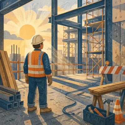 Construction Worker at Sunrise Building Site