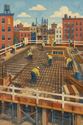 Construction Workers Preparing Urban Concrete Deck