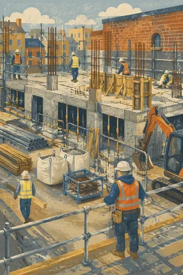 Construction Workers on Urban Building Site