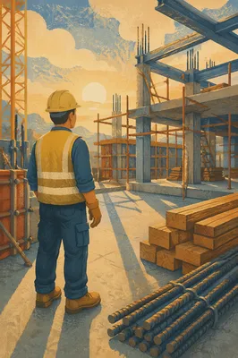 Construction Worker at Sunrise Building Site
