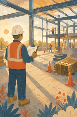 Construction Worker Reviewing Plans at Sunrise