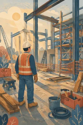 Construction Worker at Sunrise Building Site