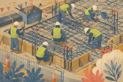 Construction Workers Assembling Rebar Grid Above