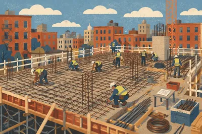 Construction Workers Preparing Concrete Floor Deck