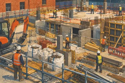 Construction Workers on Urban Building Site