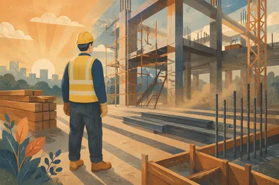 Hopeful Construction Worker at Sunrise Site