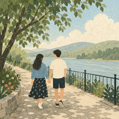 Romantic Couple Walking by Sunlit Lake