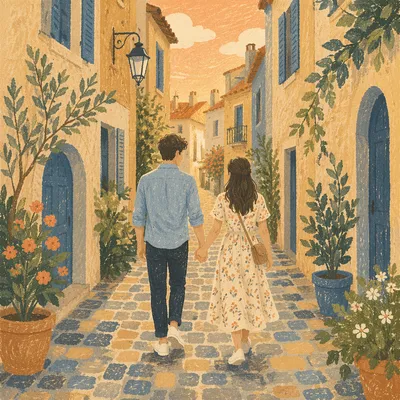 Romantic Couple Walking Hand in Hand