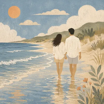 Romantic Couple Walking Hand in Hand on Beach