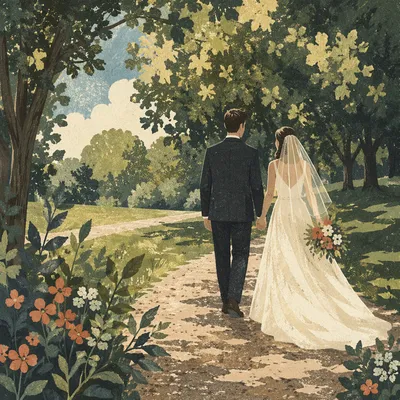 Newlywed Couple Walking Through Sunlit Park