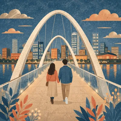 Romantic Couple Walking Across Blue Hour Bridge