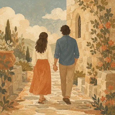 Romantic Couple Walking Beside Chapel Garden