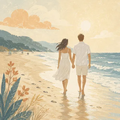Romantic Couple Walking on Golden Shoreline