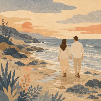 Romantic Couple Walking Along Dusk Shoreline