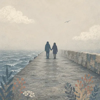 Foggy Seaside Couple Walking Hand in Hand